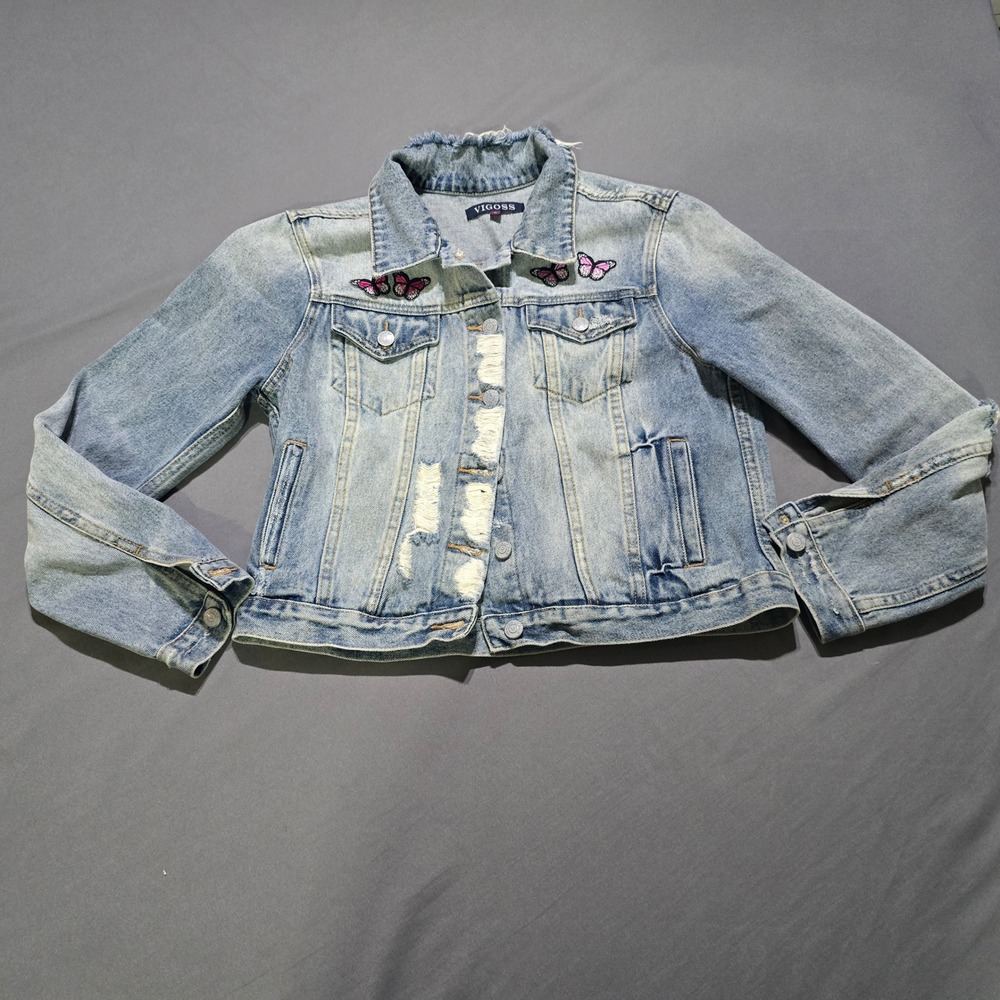 Vigoss Denim Jacket Womens L Light Blue Sequin Angel Wings Butterfly Distressed